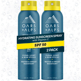 Oars + Alps front packaging of SPF 50 spray showing label and size benefit