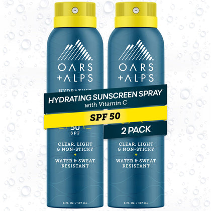 Oars + Alps front packaging of SPF 50 spray showing label and size benefit