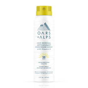 Oars + Alps front packaging showing SPF 50 spray and clear labeling for fast protection