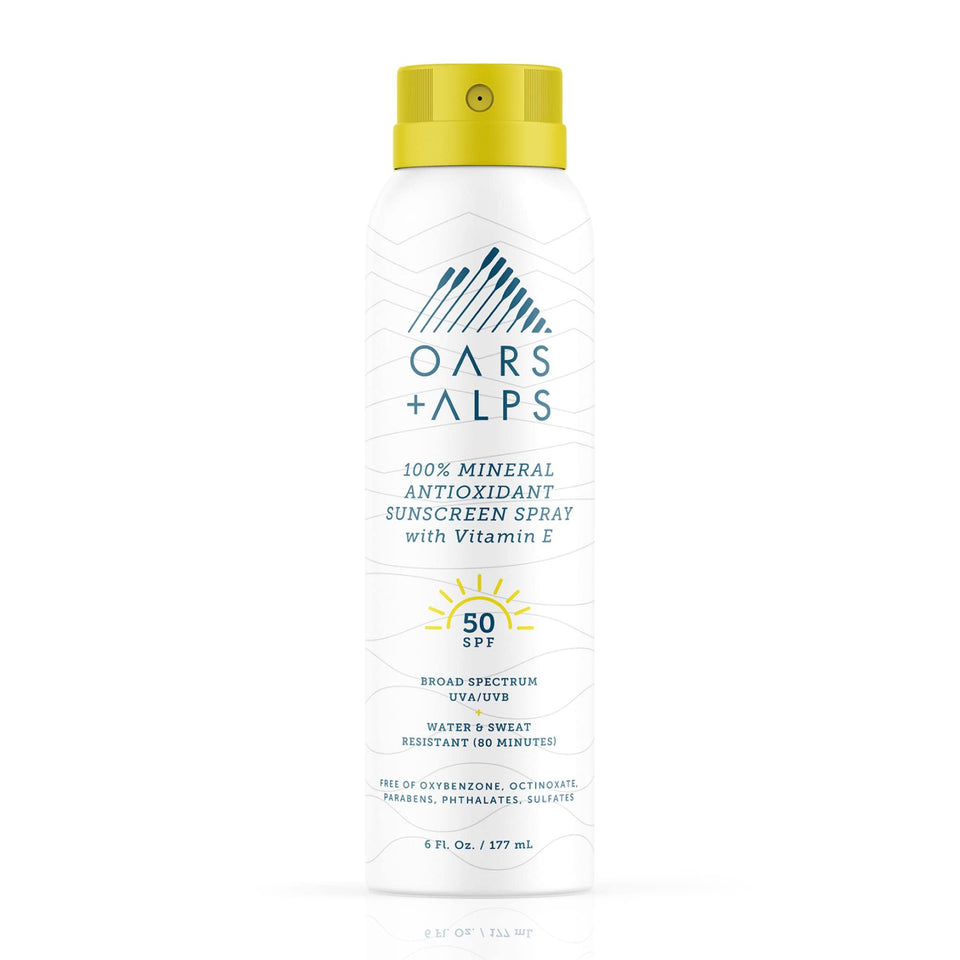 Oars + Alps front packaging showing SPF 50 spray and clear labeling for fast protection