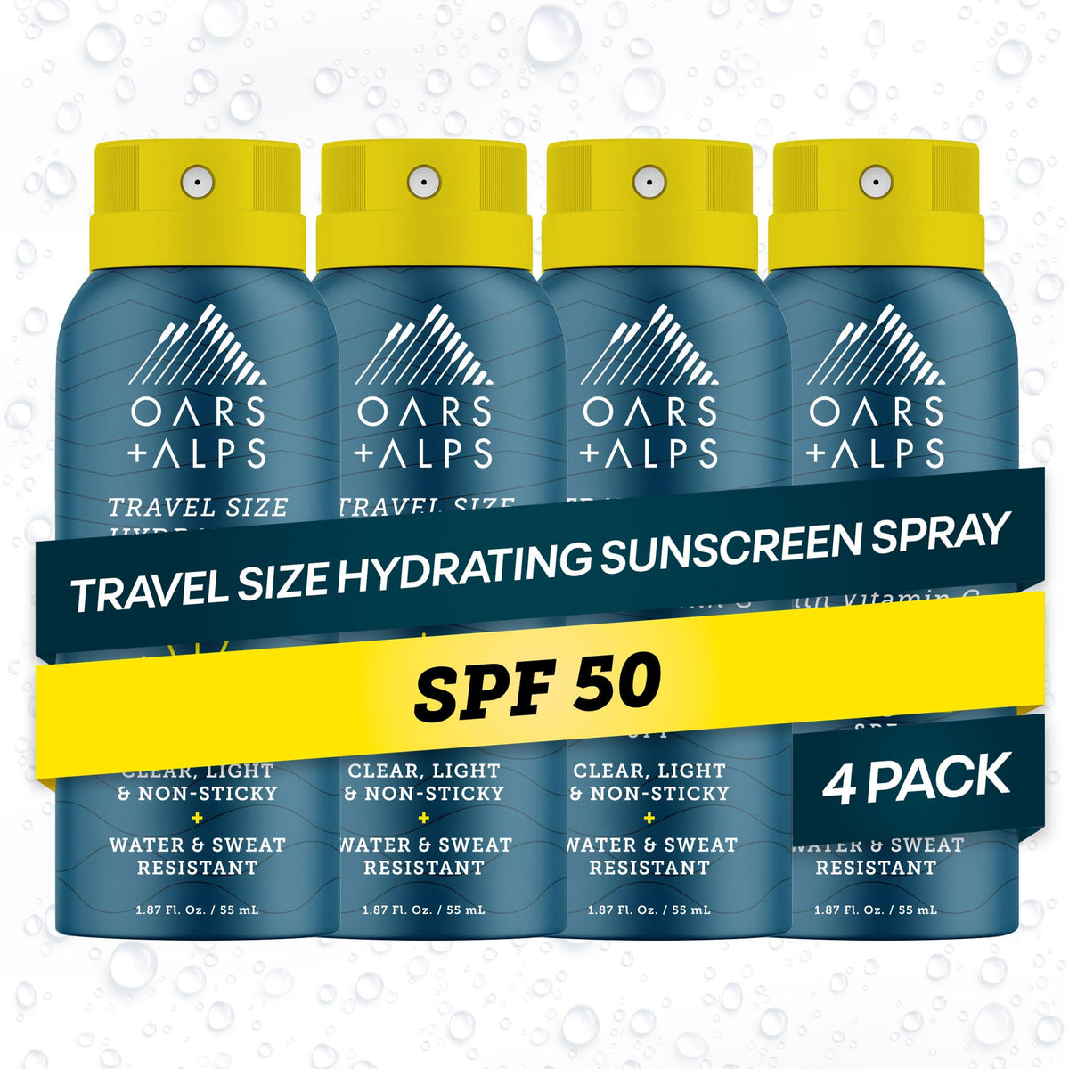 Oars + Alps front packaging spray showing compact travel-friendly can and SPF label