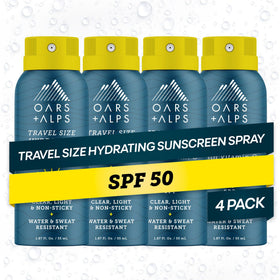 Oars + Alps front packaging spray showing compact travel-friendly can and SPF label