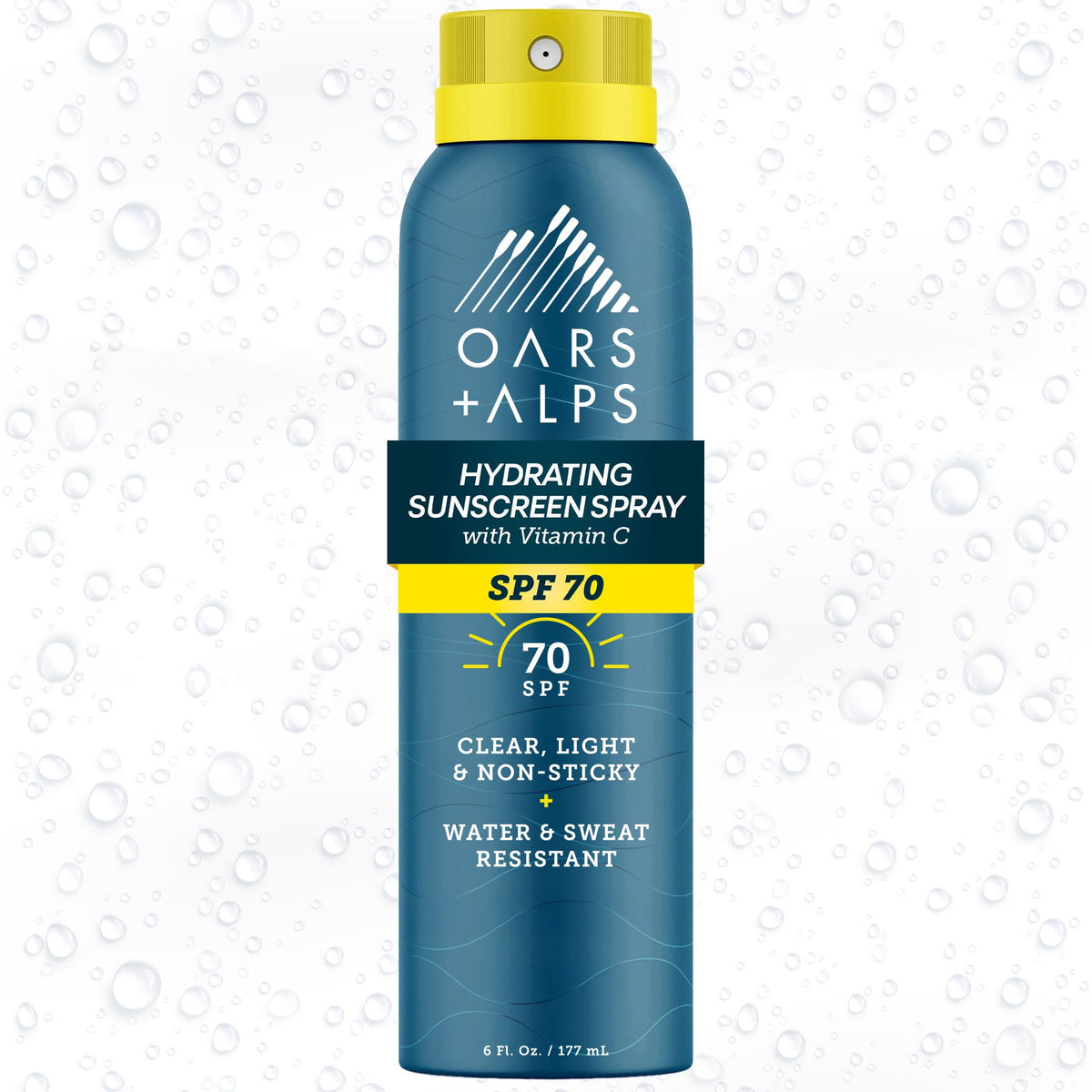 Oars + Alps front packaging showing SPF 70 and spray benefits for travel