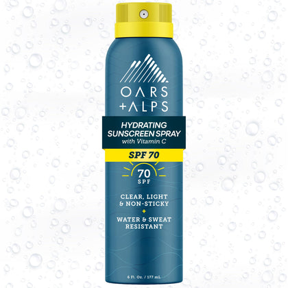 Oars + Alps front packaging showing SPF 70 and spray benefits for travel