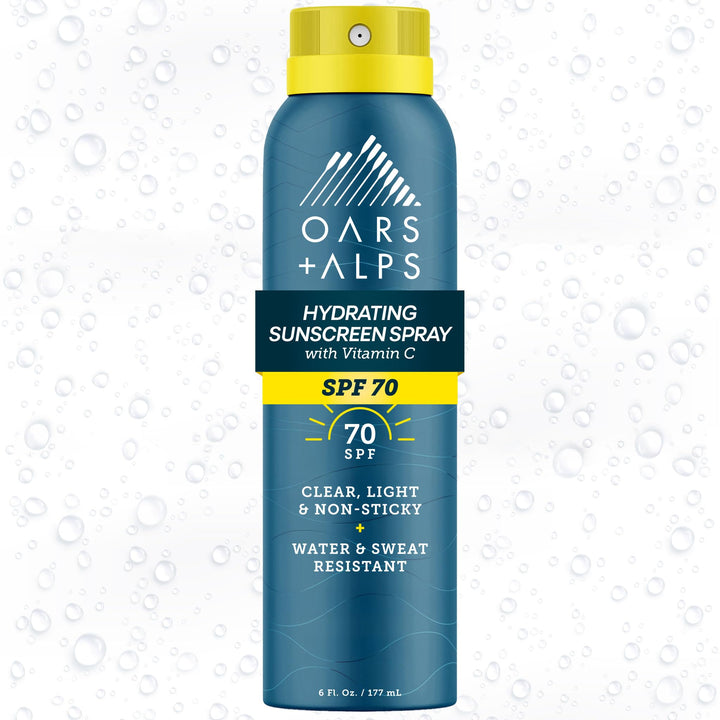 Oars + Alps front packaging showing SPF 70 and spray benefits for travel