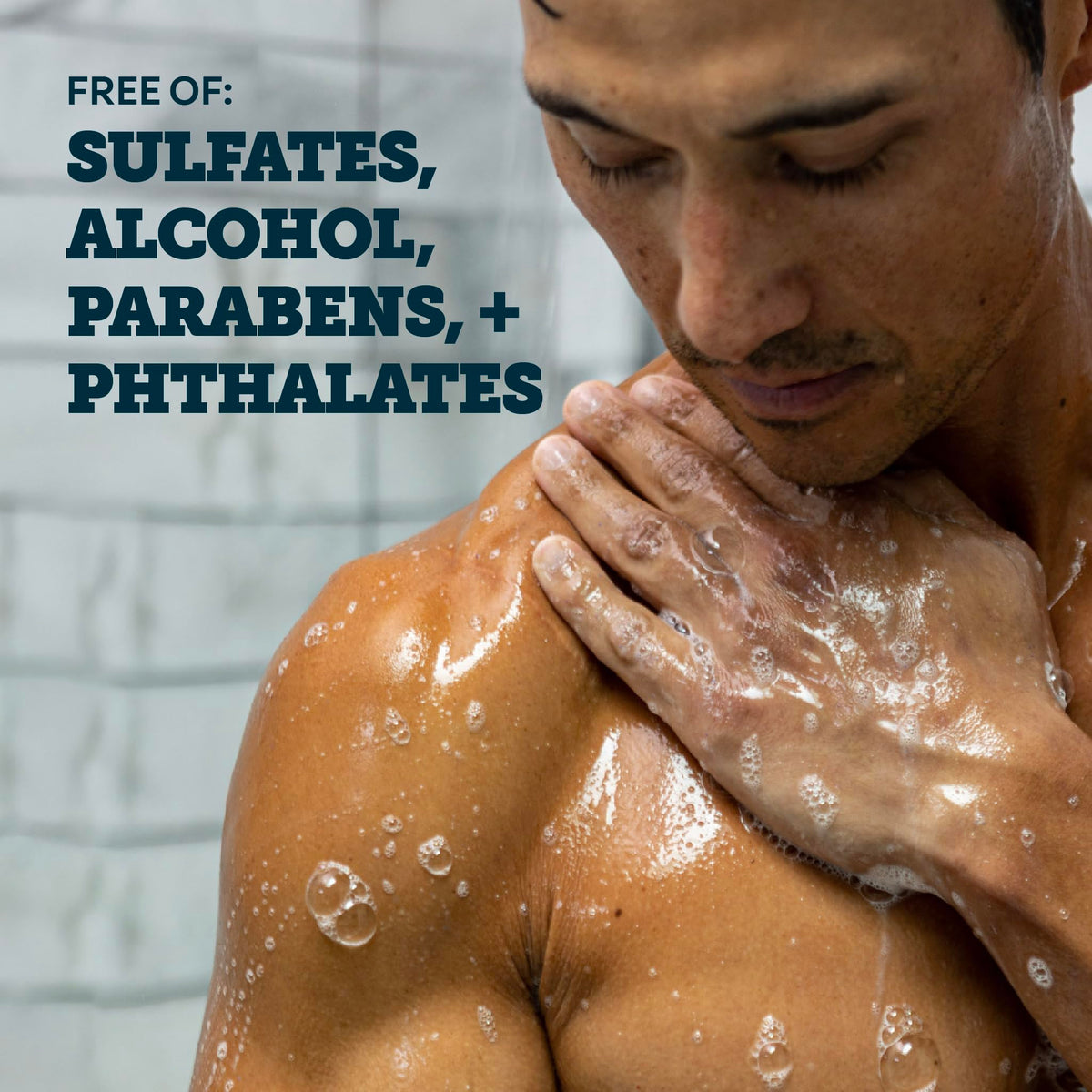 Oars + Alps in-shower use with man applying wash for face and body, benefit: dual-purpose convenience