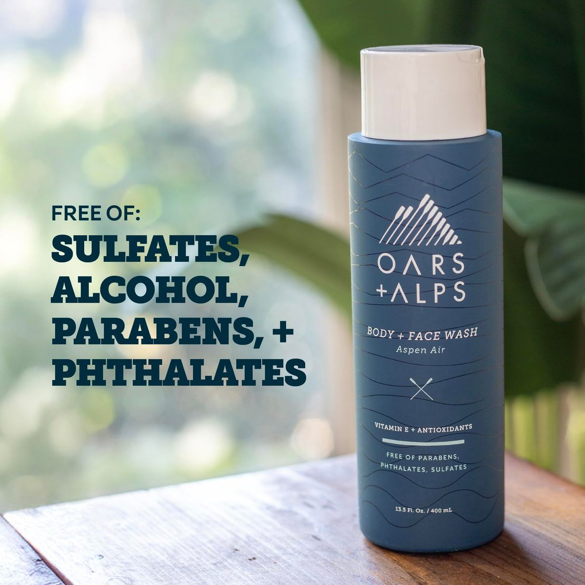 Oars + Alps ingredient label closeup highlighting Vitamin E and clean formulation