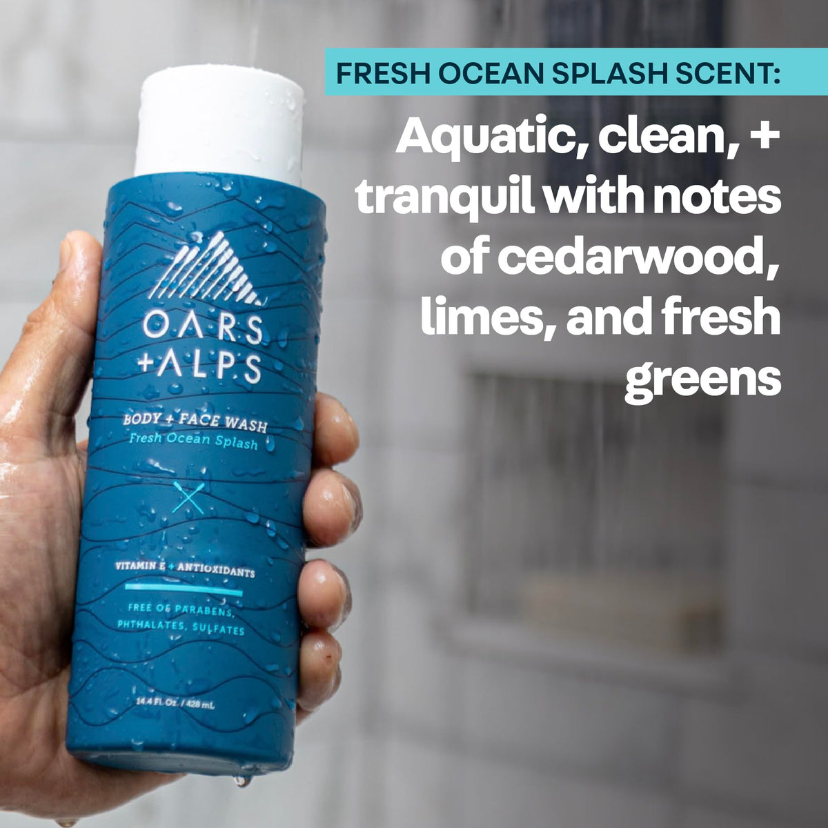 Oars + Alps ingredient panel and certifications showing sulfate-free formula