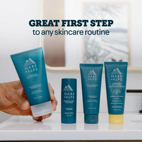Oars + Alps on bathroom counter styled for morning routine and refreshed skin