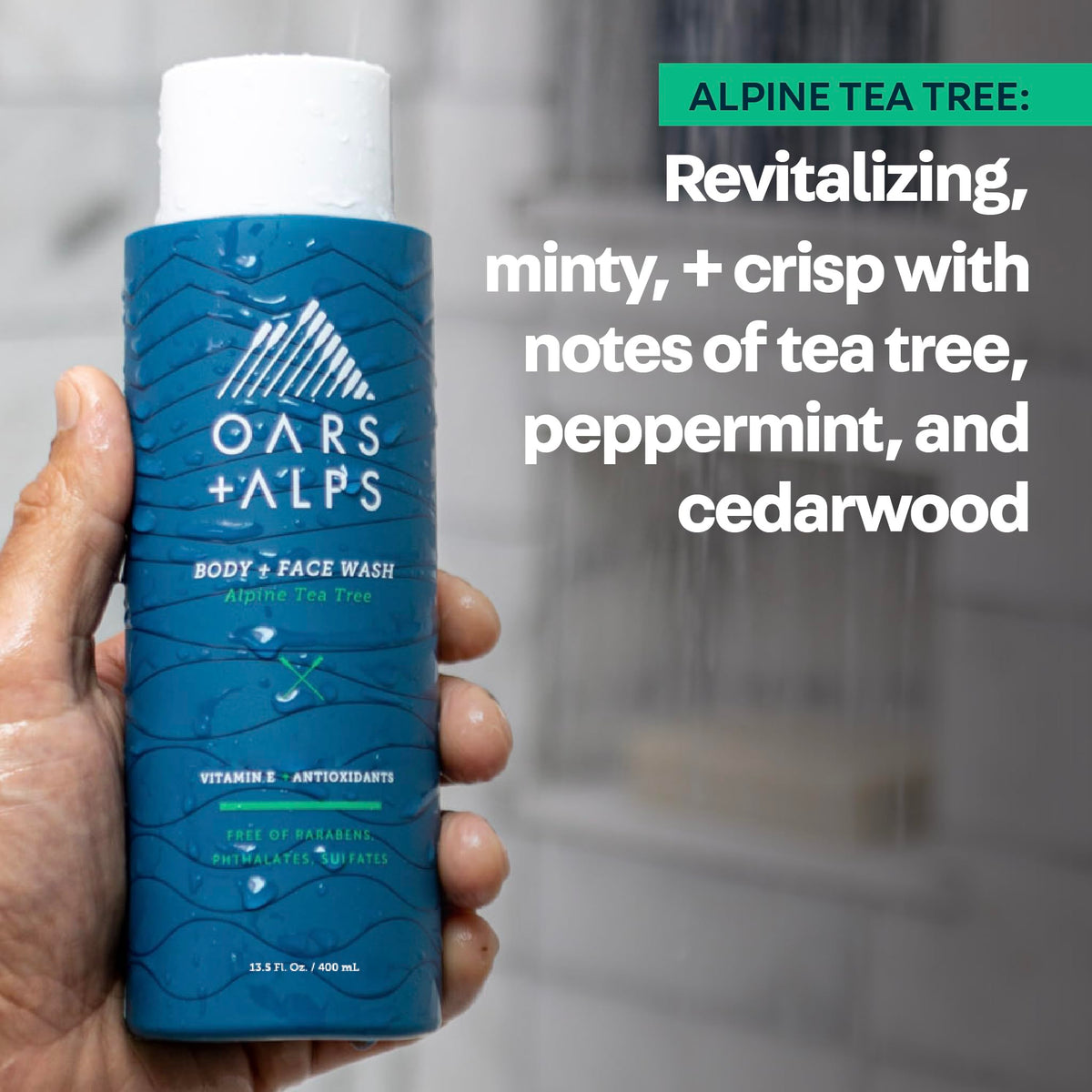 Oars + Alps bottle on a bathroom counter conveying fresh daily routine