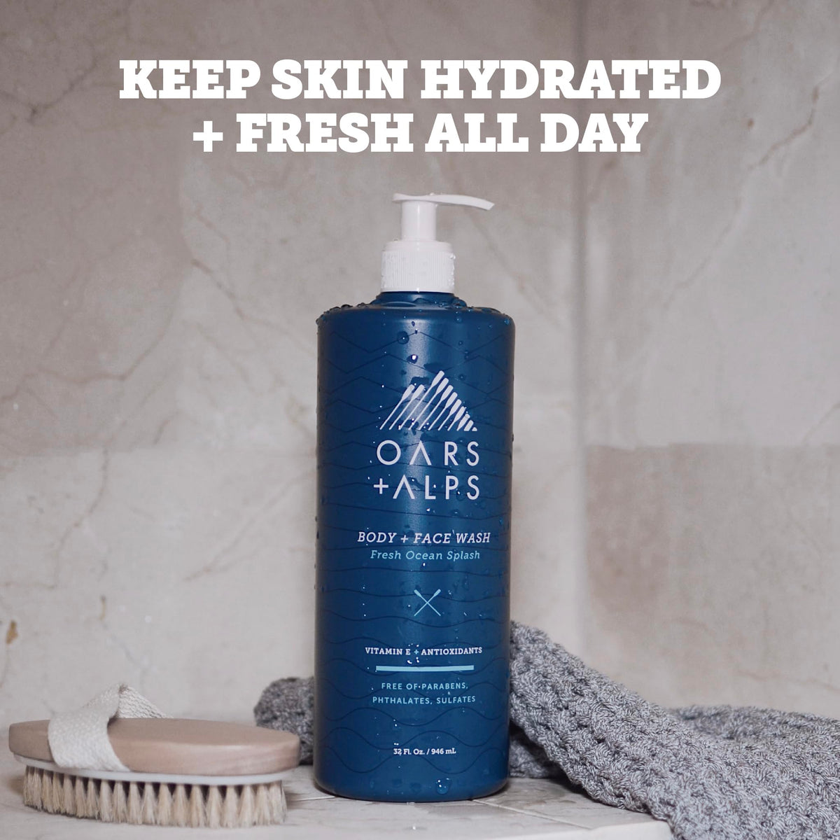 Oars + Alps lifestyle scene by towel and shaving kit, benefit: complements daily grooming routines