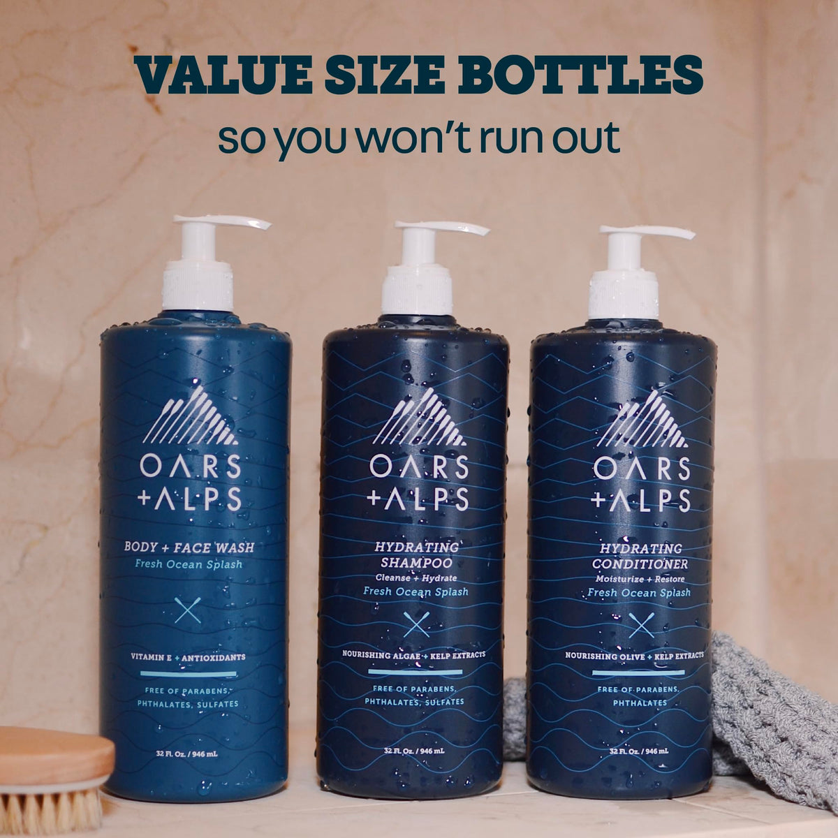 Oars + Alps bottle on shower shelf in modern bathroom for refreshed grooming
