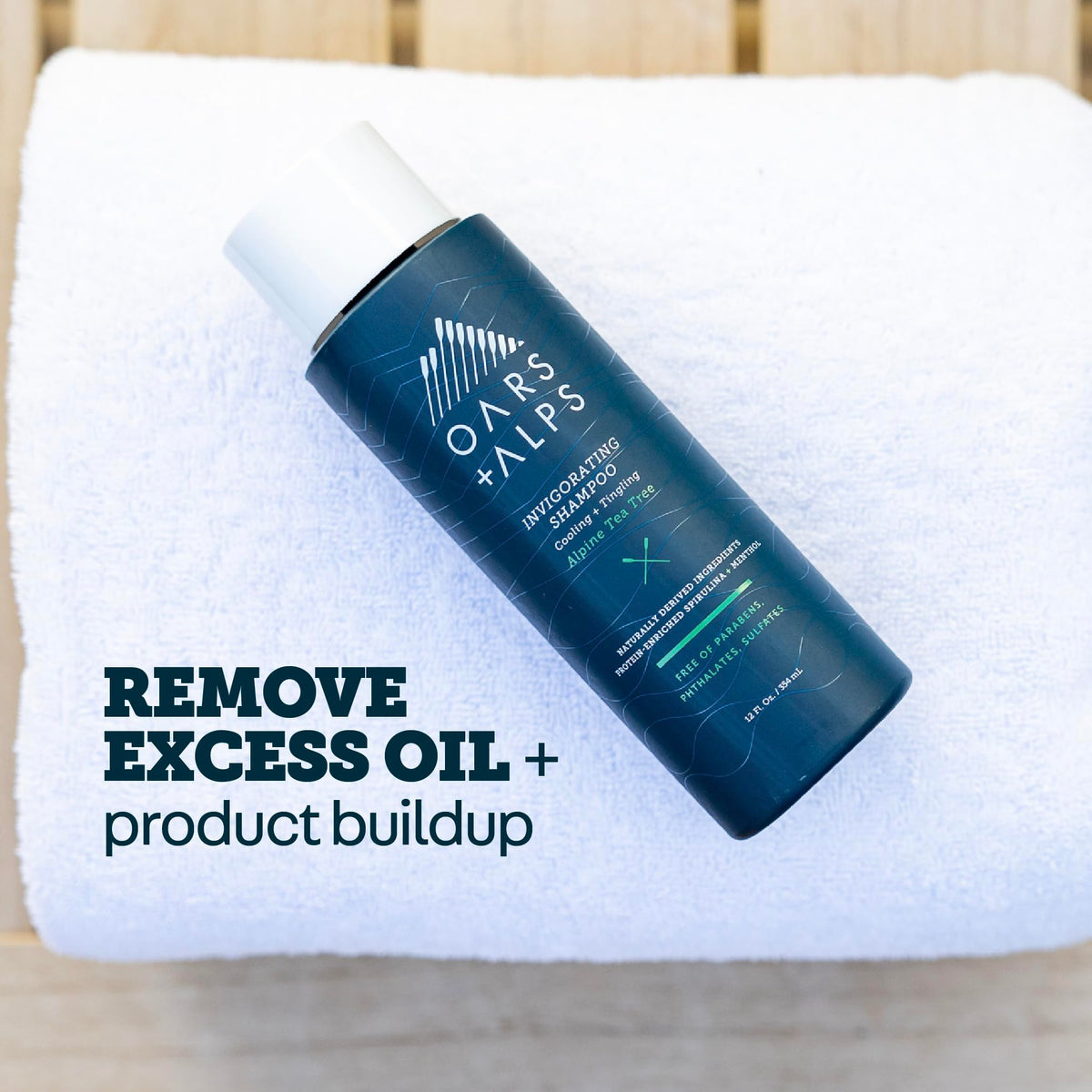 Oars + Alps shampoo pouring from bottle to show consistency and ease