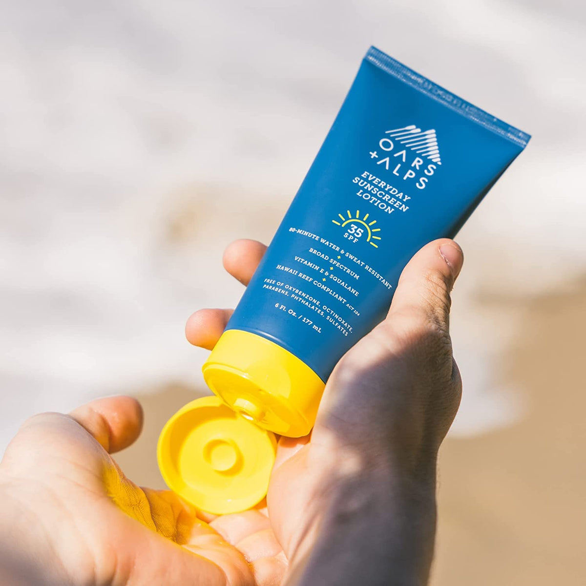 Oars + Alps label and pump detail highlighting ingredient and reef compliance