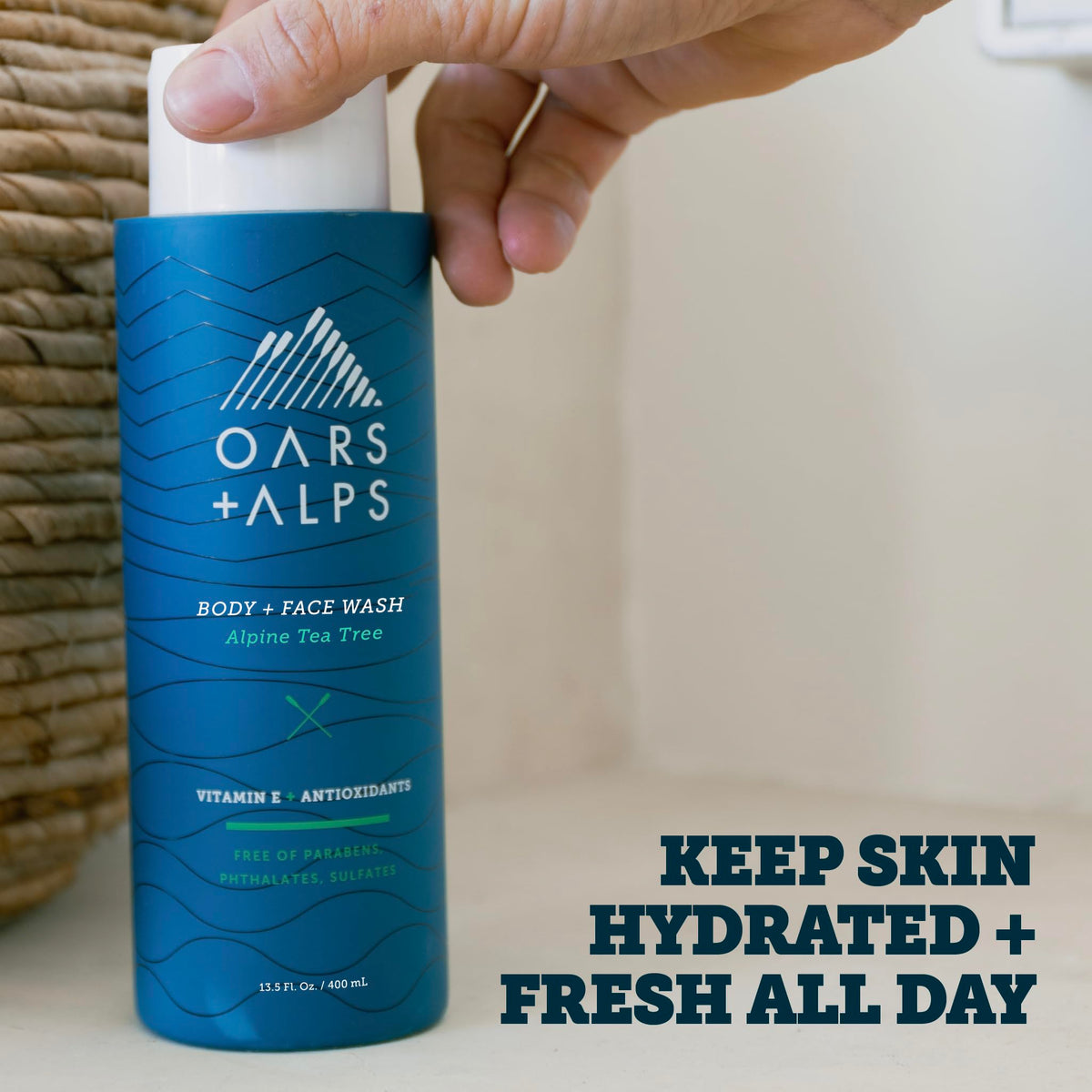 Oars + Alps pump and label detail highlighting ingredients and claims