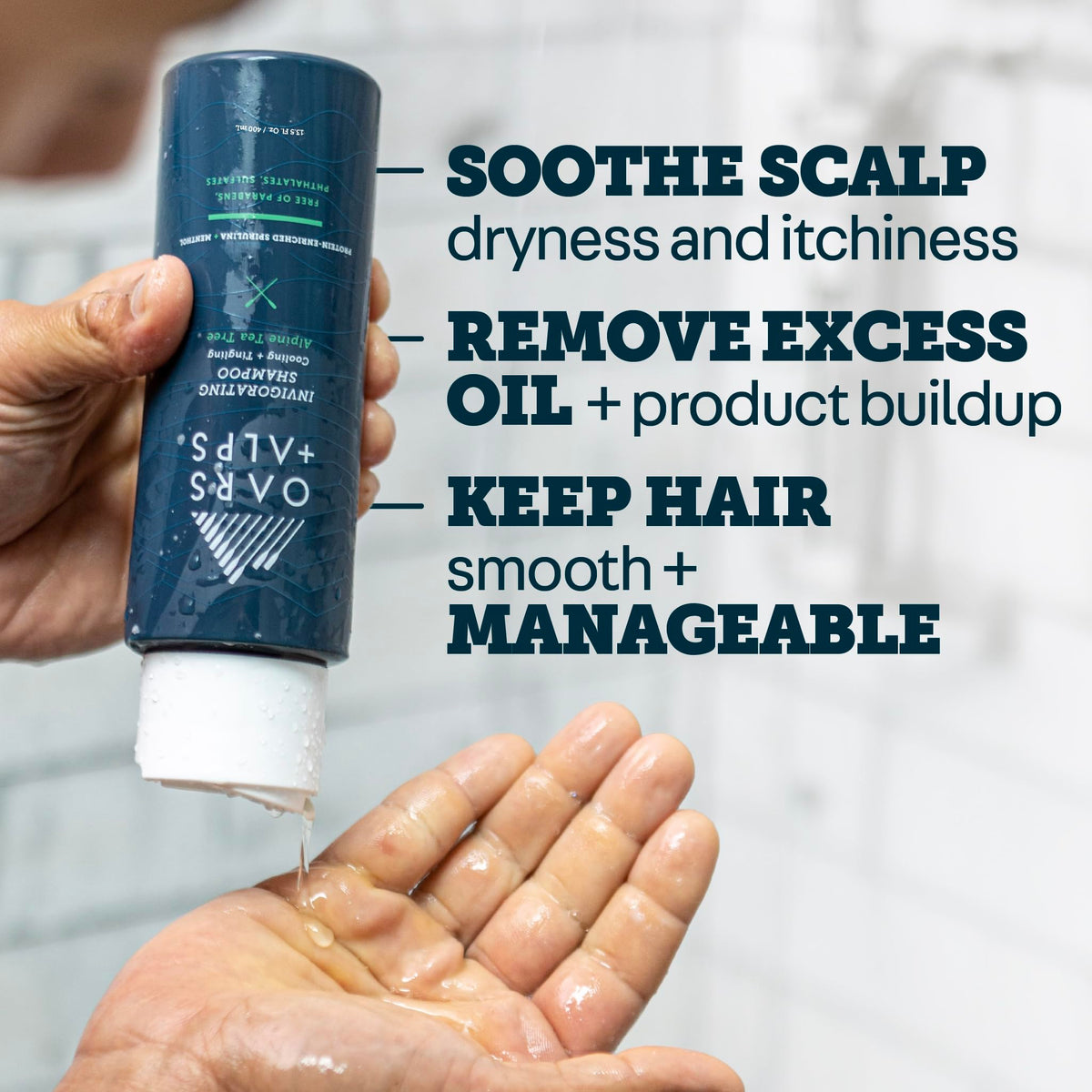 Oars + Alps shampoo being dispensed to show lathering and easy application