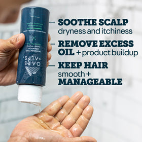 Oars + Alps shampoo being dispensed to show lathering and easy application