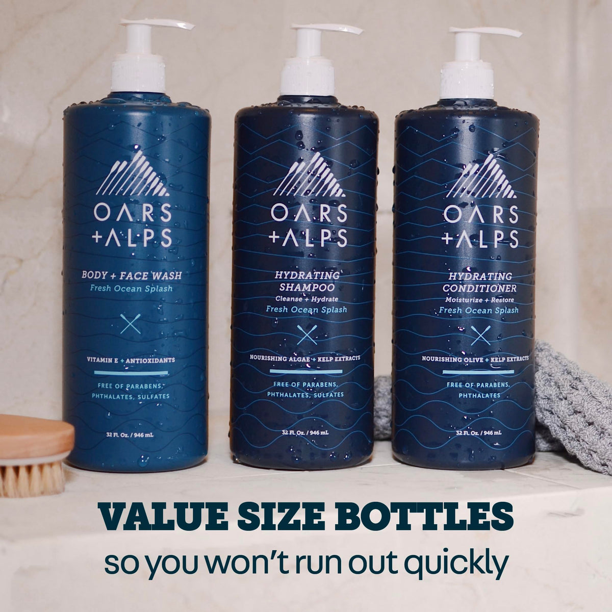 Oars + Alps pump dispenser and bottle scale demonstrating 32oz size, benefit: convenient everyday use