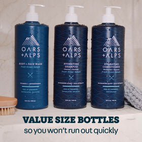 Oars + Alps pump dispenser and bottle scale demonstrating 32oz size, benefit: convenient everyday use
