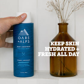 Oars + Alps pump and label detail highlighting active ingredients and scent