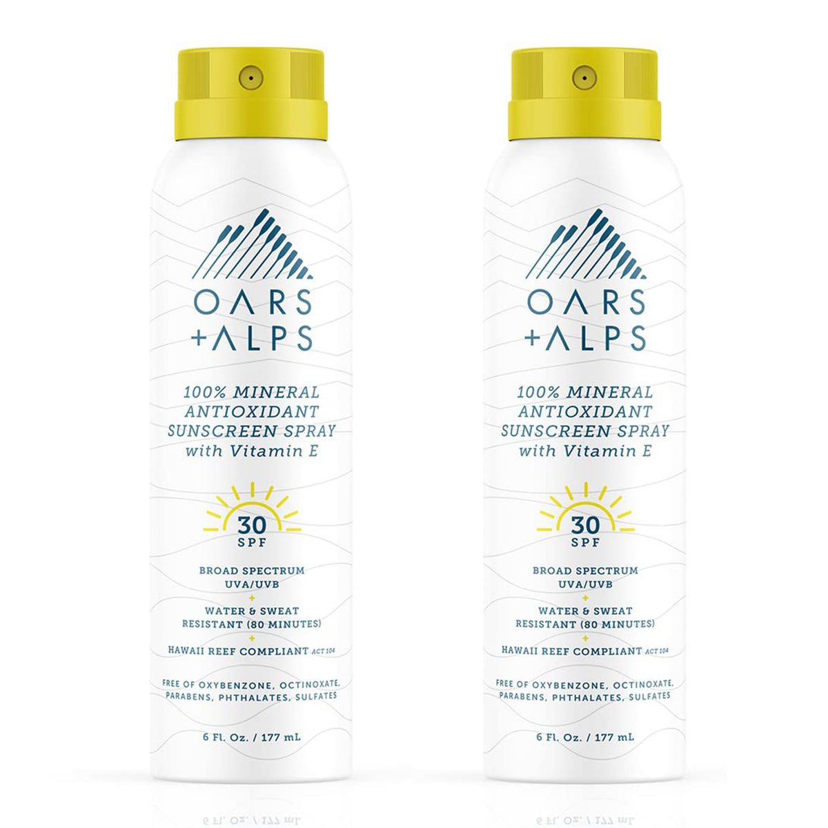 Oars + Alps sunscreen spray front packaging showing SPF 30 and 6oz size benefit lightweight protection