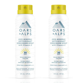 Oars + Alps sunscreen spray front packaging showing SPF 30 and 6oz size benefit lightweight protection