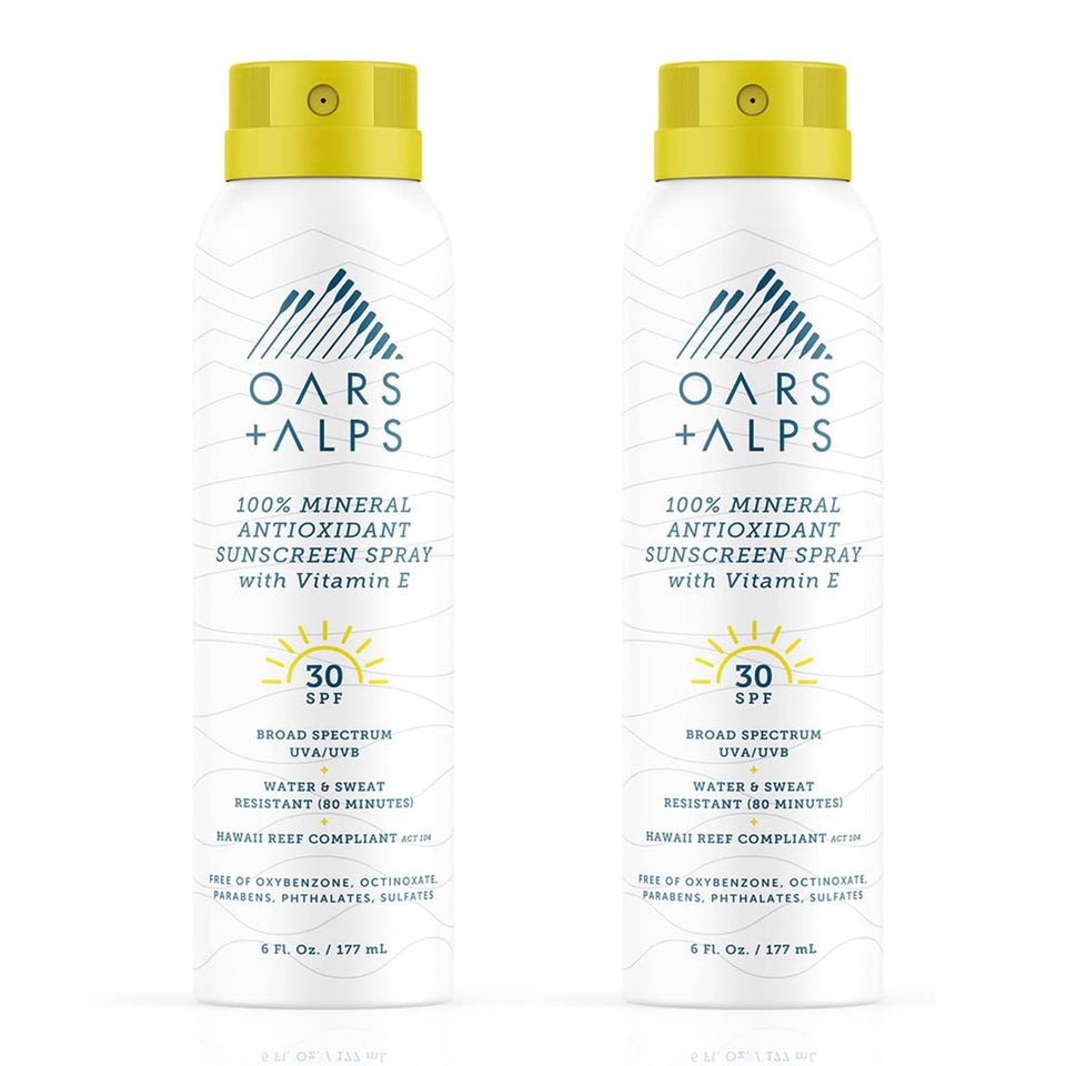 Oars + Alps sunscreen spray front packaging showing SPF 30 and 6oz size benefit lightweight protection