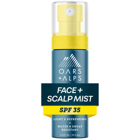 Oars + Alps front packaging showing compact SPF 35 travel mist for protection