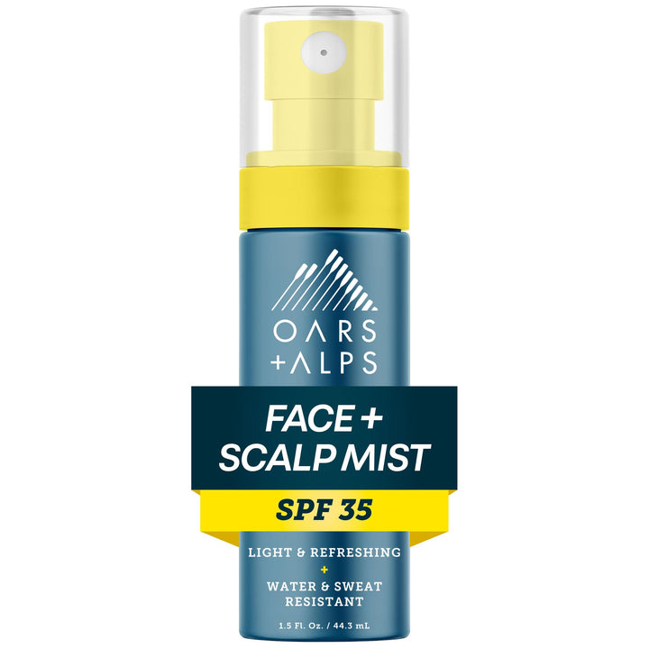 Oars + Alps front packaging showing compact SPF 35 travel mist for protection