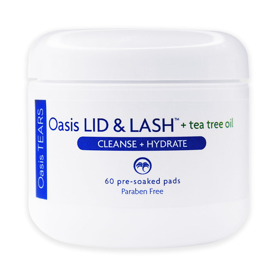Oasis LID & LASH front tub showing branding and 60-count — clear, travel-ready hygiene