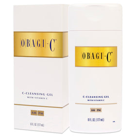 Obagi Medical cleansing gel beside measuring cup showing 6 fl oz, clear benefit: travel-friendly size