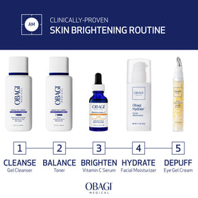 Obagi Medical bottle on bathroom counter showing easy morning routine benefit