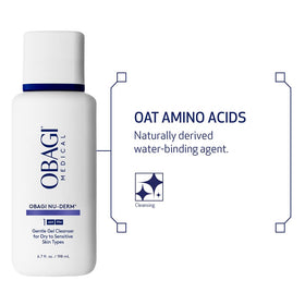Obagi Nu-Derm Gentle Cleanser ingredients label highlighting oat amino acids benefit