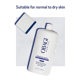 Obagi Medical cleanser staged in bathroom routine conveying daily use convenience