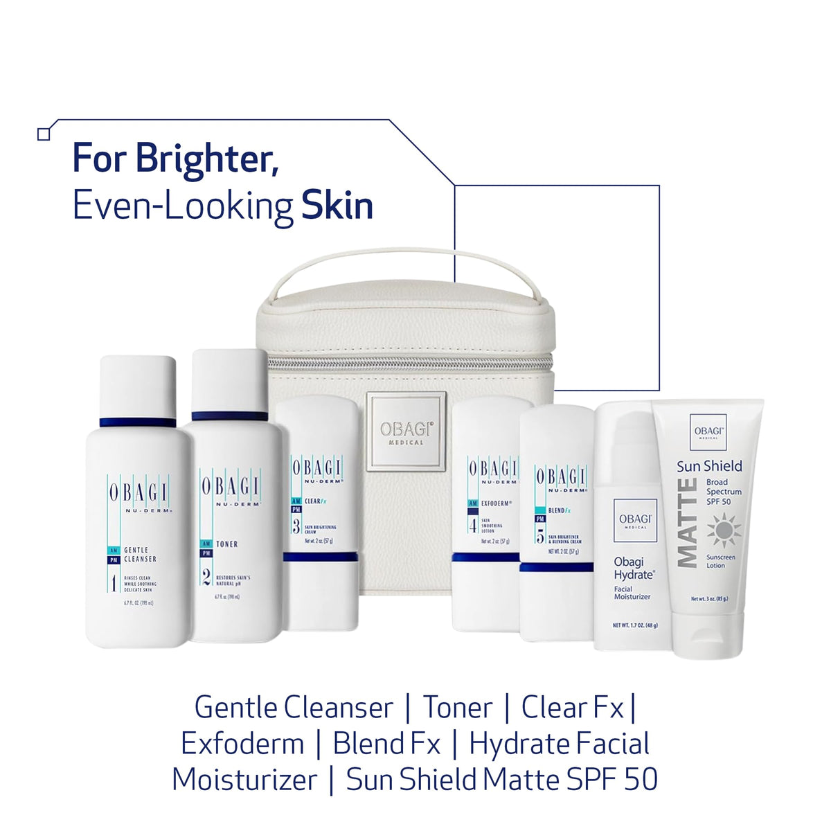 Obagi Medical NuDerm Fx open layout of all seven products for coordinated regimen