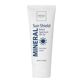 Obagi Sun Shield Mineral front packaging showing SPF50 protection and benefits