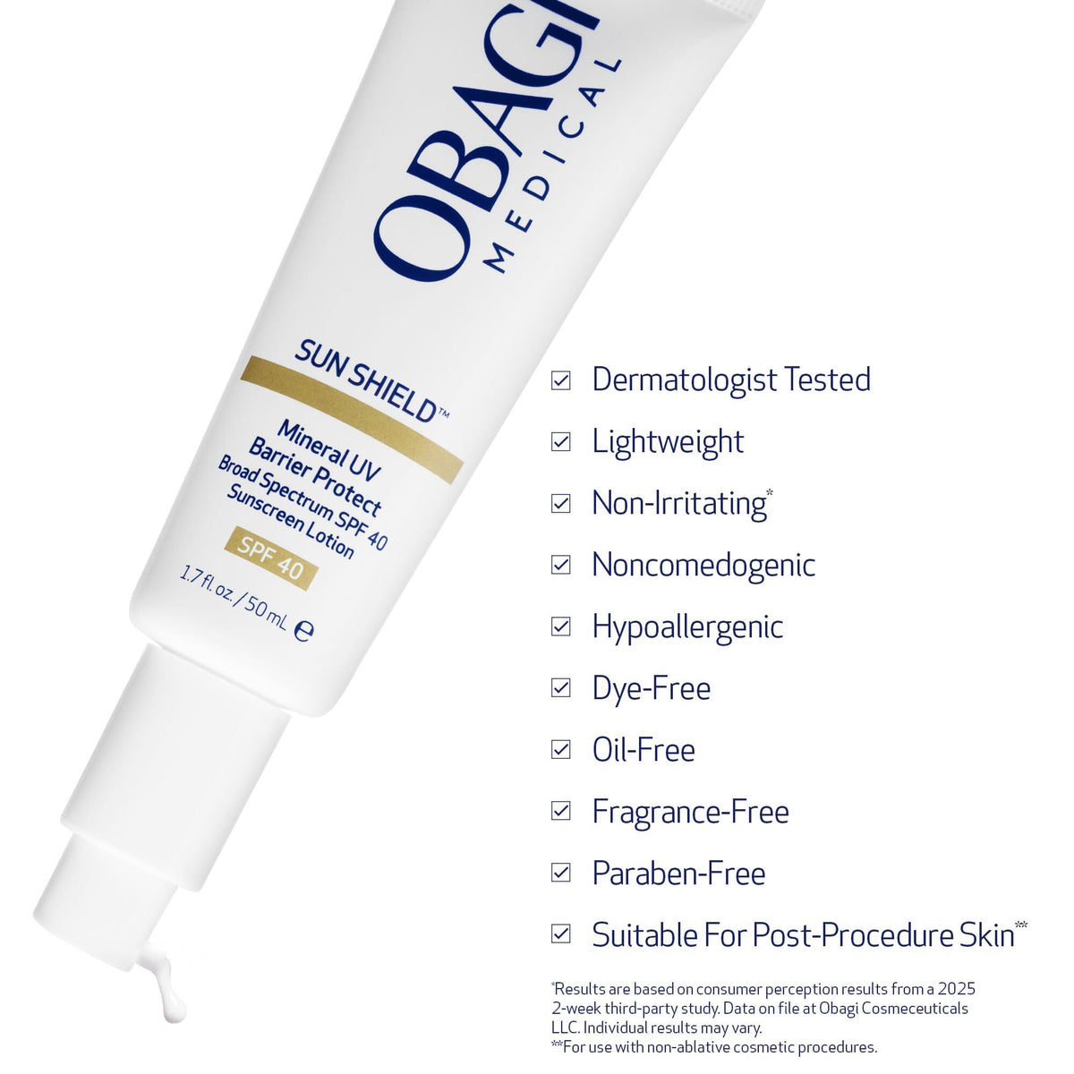 Obagi Medical tube dispensing sunscreen demonstrating easy application and control
