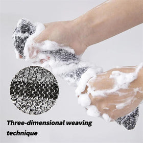 Obemary Blissal towel held in hand demonstrating flexible reach and gentle feel