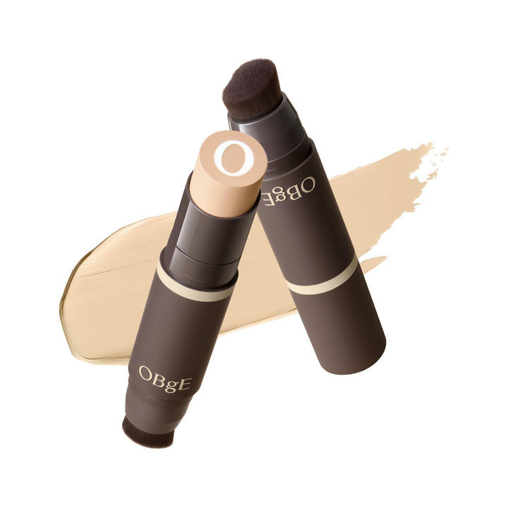 OBgE front packaging of foundation stick showing shade 21 Ivory and compact benefits