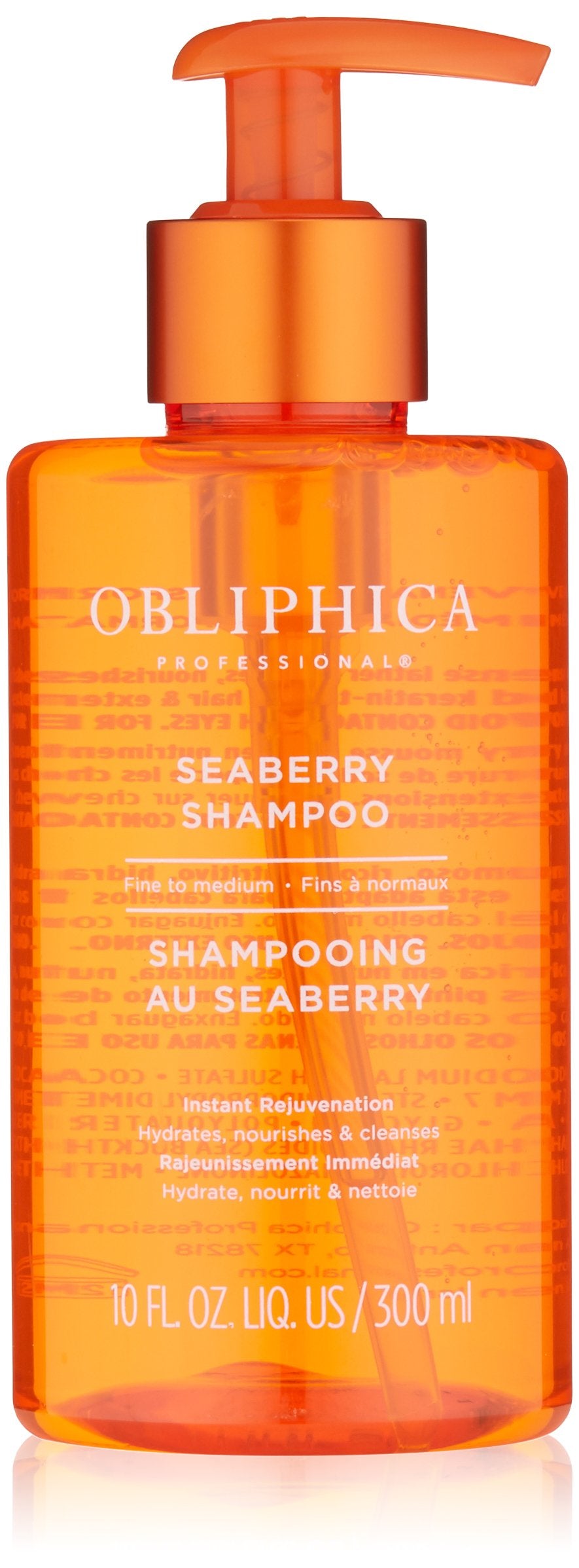 Obliphica Professional seaberry shampoo front bottle showing label and travel-friendly size benefit