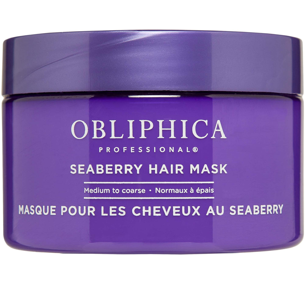 Obliphica Seaberry hair mask jar front view showing label and size, highlights deep conditioning