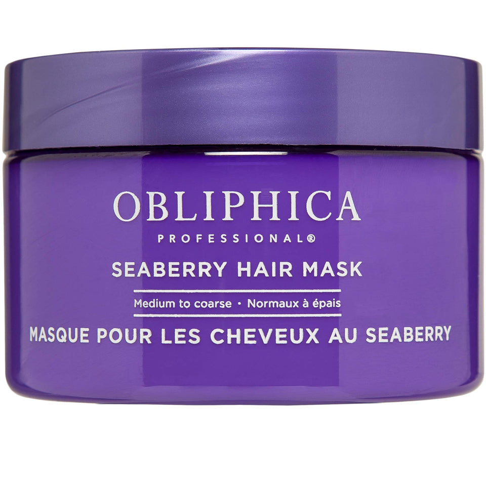 Obliphica Seaberry hair mask jar front view showing label and size, highlights deep conditioning