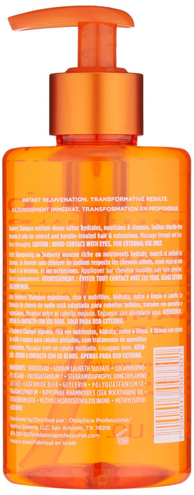 Obliphica Professional seaberry shampoo lather in hand demonstrating gentle cleansing and lightweight feel