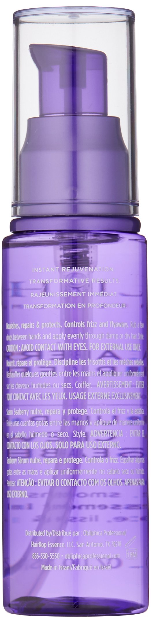 Obliphica Professional seaberry serum on hand demonstrating texture and quick-absorbing benefit for smooth hair