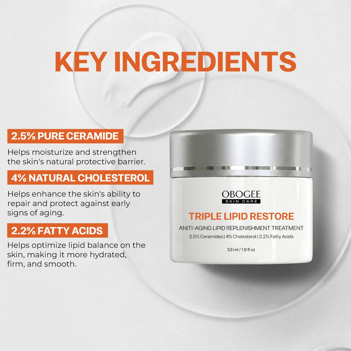 OBOGEE cream texture close-up illustrating rich emollient feel and easy spreadability benefit