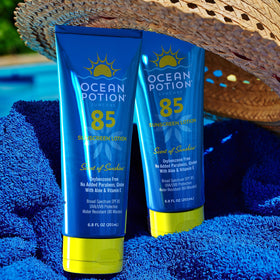 Ocean Potion bottle in a beach bag highlighting portability for outdoor days