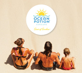 Ocean Potion ingredients label close-up showing aloe and vitamin E benefits