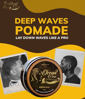 Ocean View Deep Waves Pomade on a bathroom shelf indicating daily routine readiness