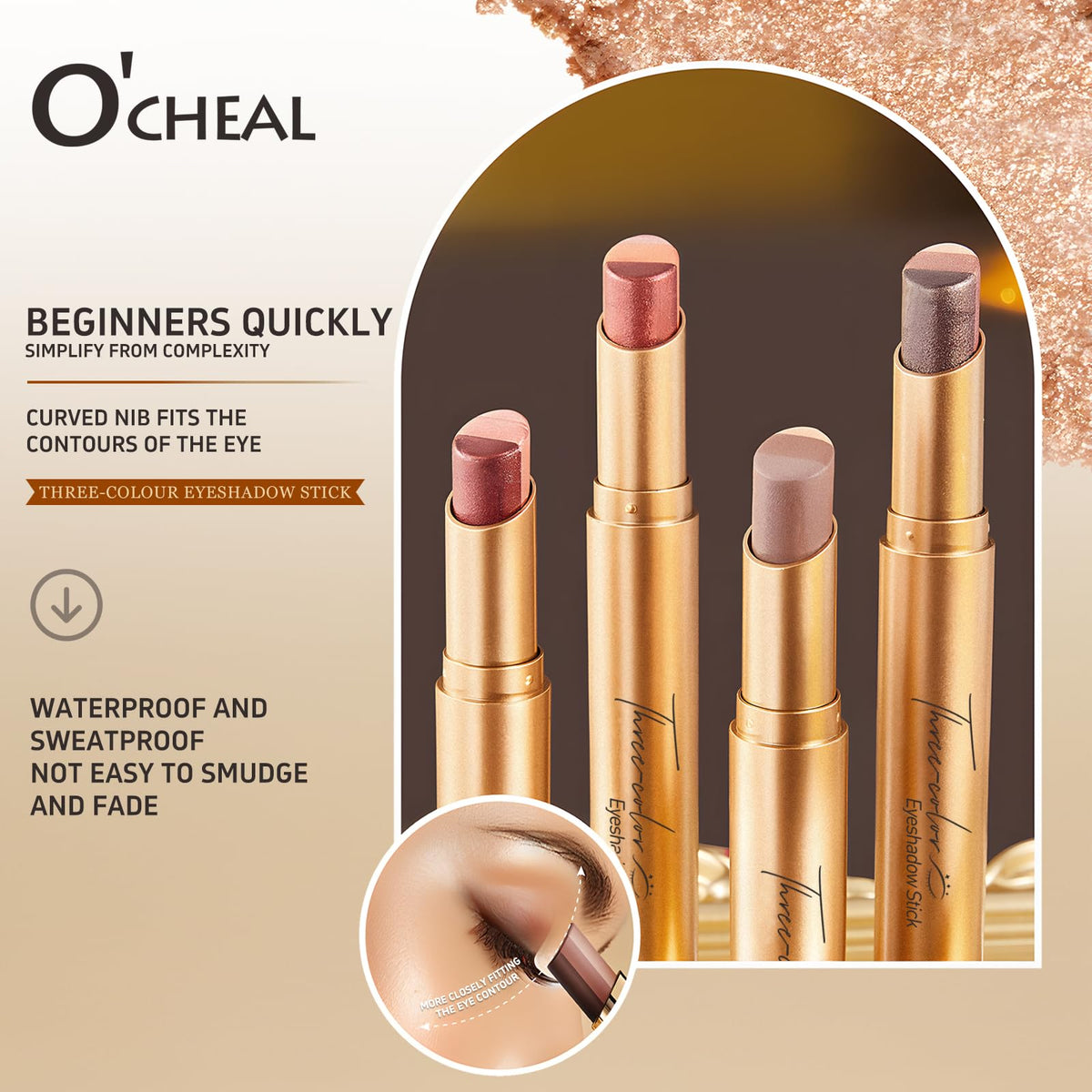 O'CHEAL four sticks arranged to show matte, pearl, and glitter finishes