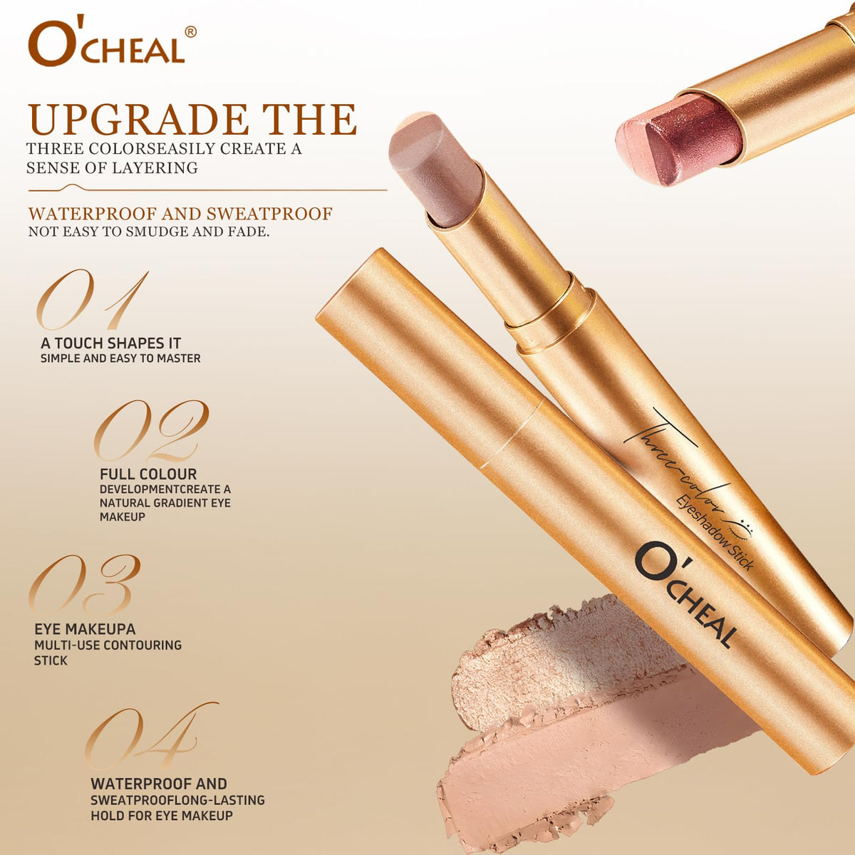 O'CHEAL stick tip detail demonstrating three-shade gradient for quick application